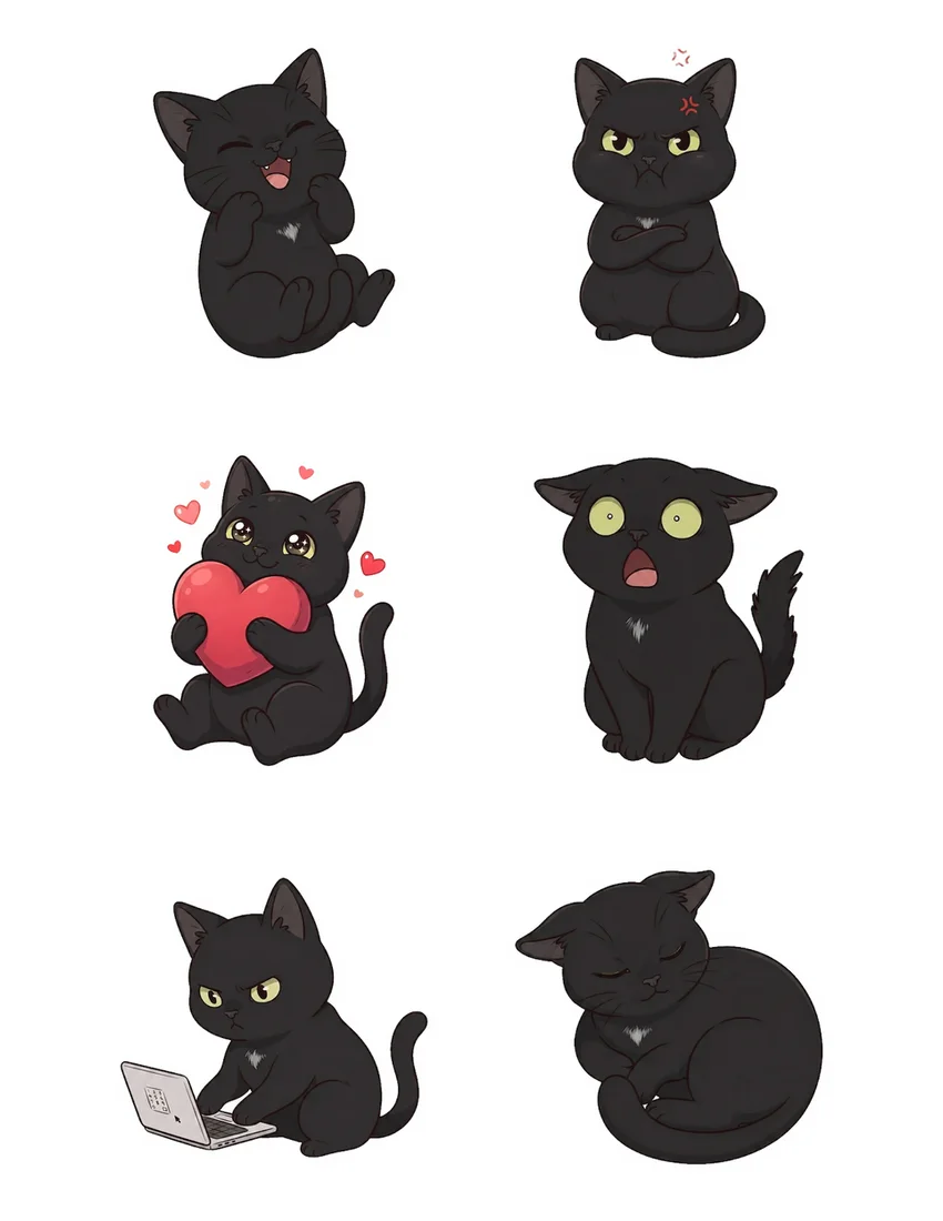 Printable sheet of 6 custom black cat stickers with light cut guides