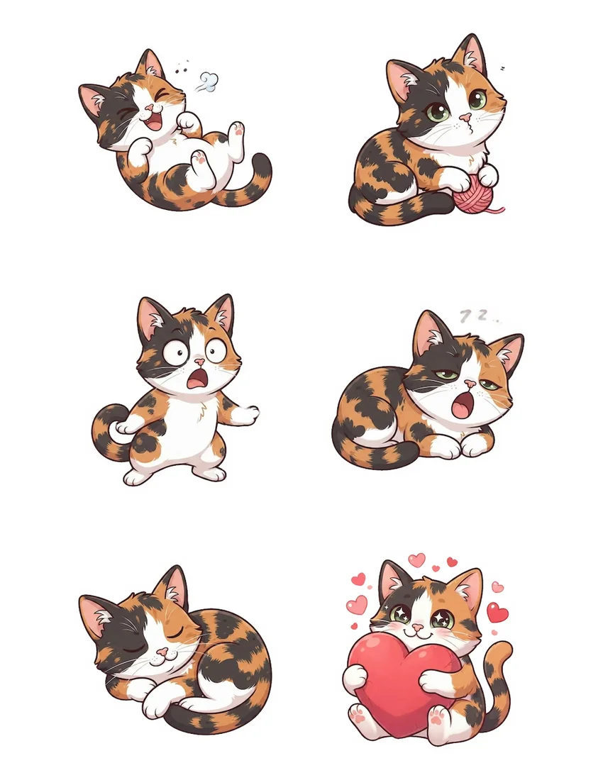 Printable sheet of 6 custom calico cat stickers with light cut guides