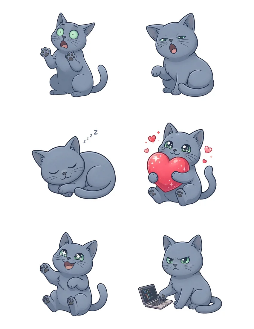 Printable sheet of 6 custom grey cat stickers with light cut guides