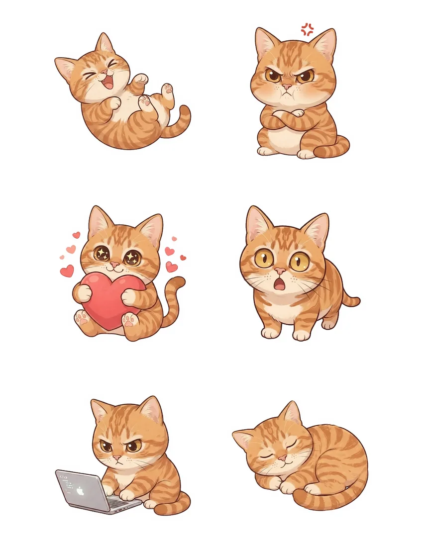 Printable sheet of 6 custom orange cat stickers with light cut guides