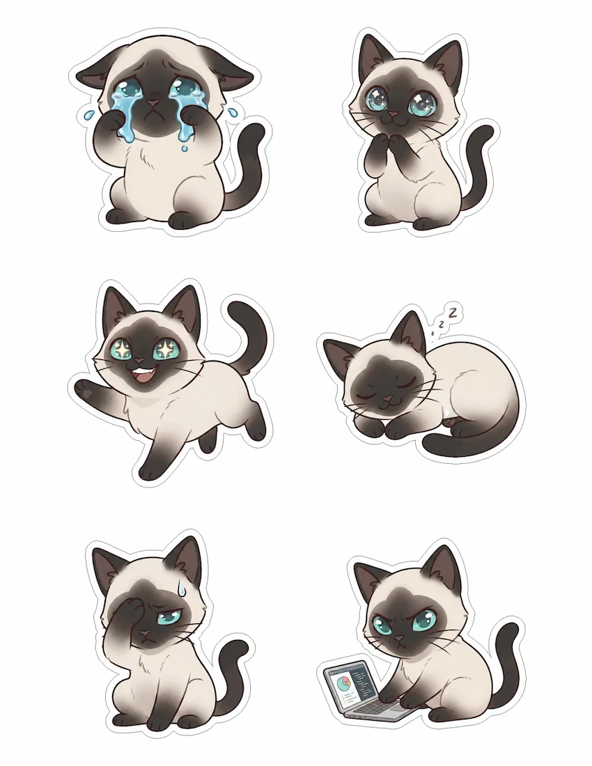 Printable US Letter cat sticker sheet with light cut guides for scissors