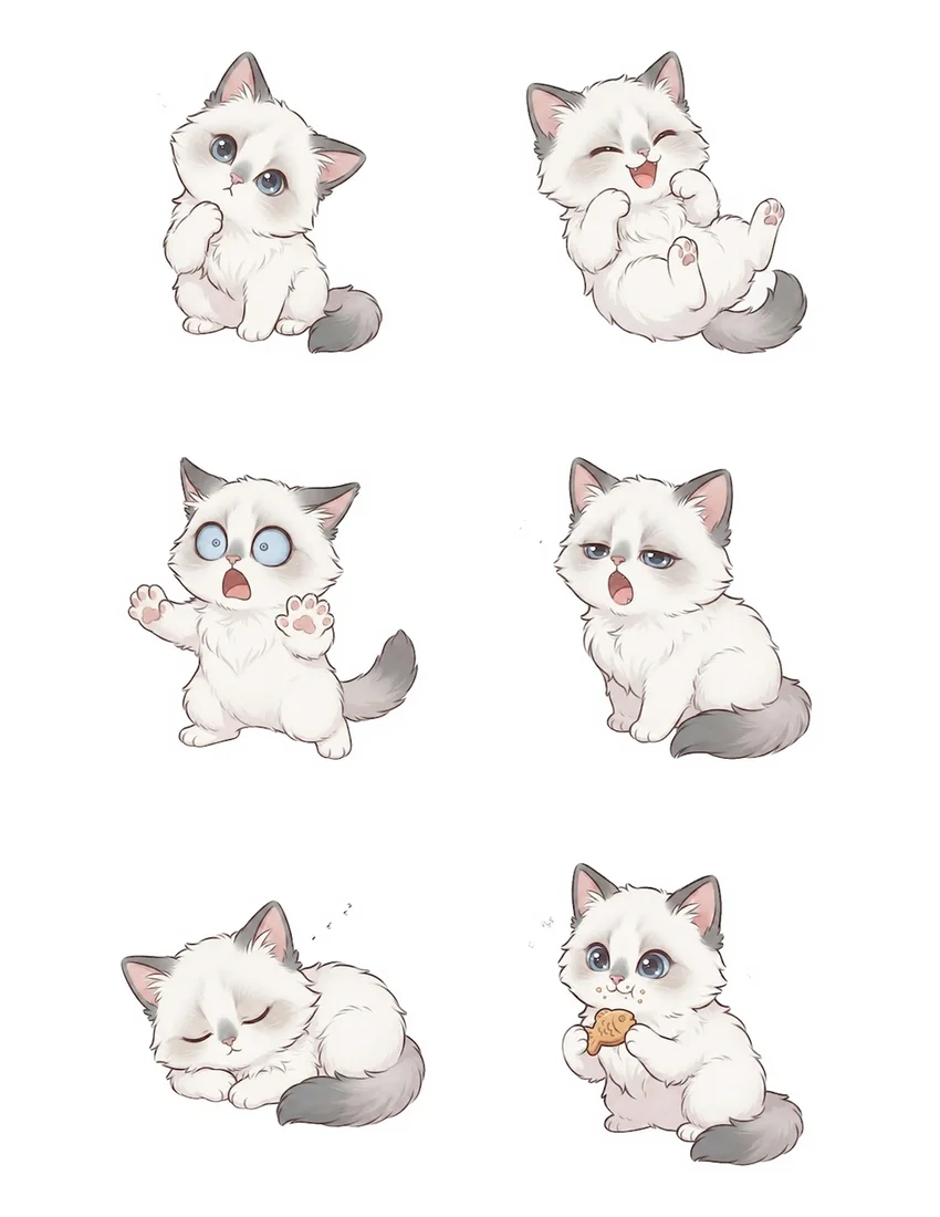 Printable sheet of 6 custom Ragdoll cat stickers with light cut guides
