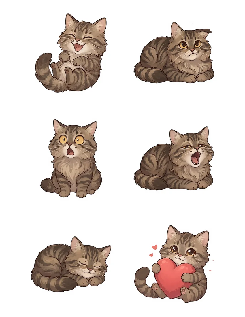 Printable sheet of 6 custom tabby cat stickers with light cut guides