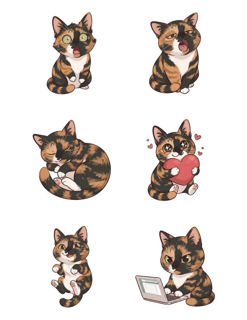 Printable sheet of 6 custom tortoiseshell cat stickers with light cut guides