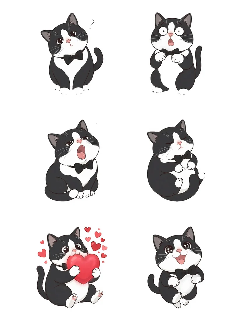 Printable sheet of 6 custom tuxedo cat stickers with light cut guides