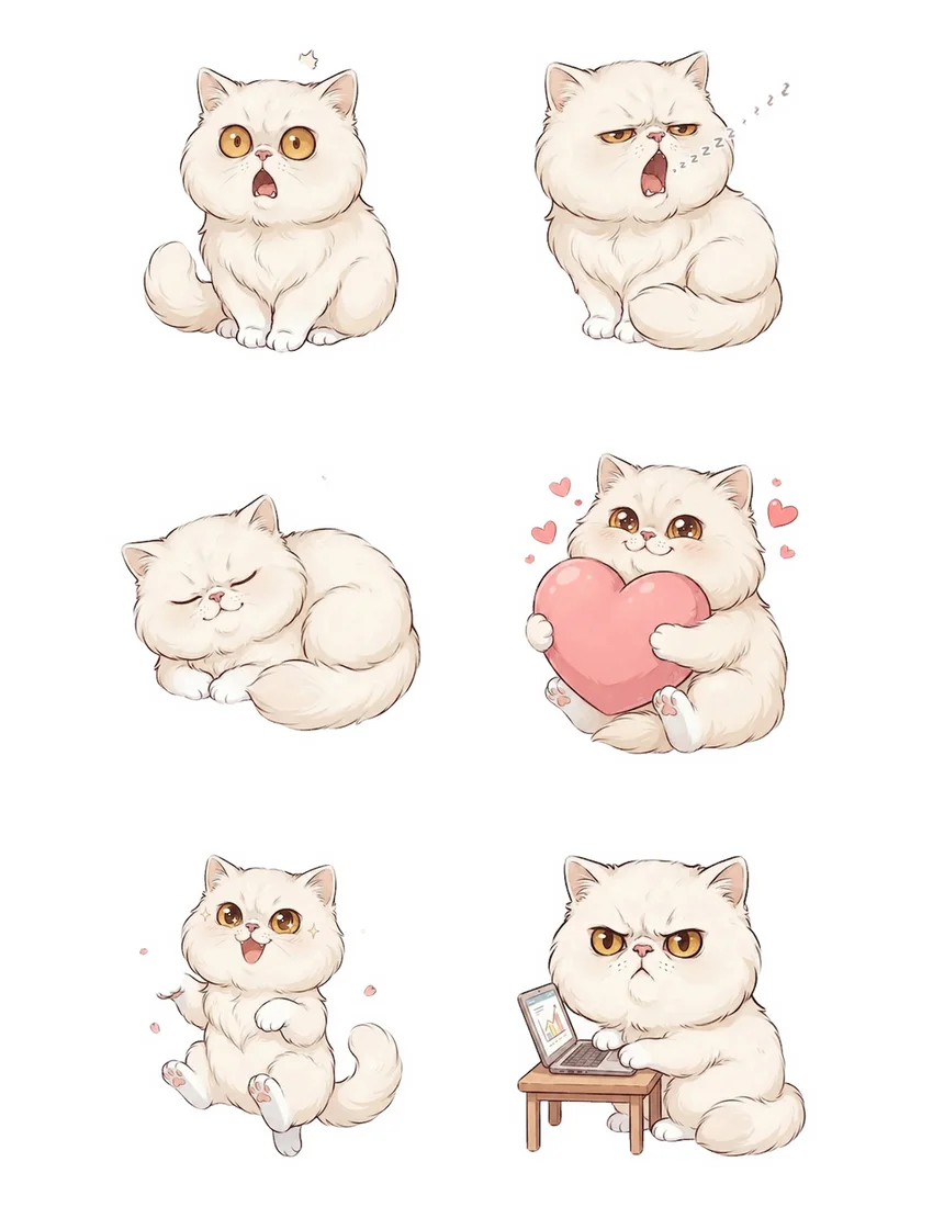 Printable sheet of 6 custom white cat stickers with light cut guides